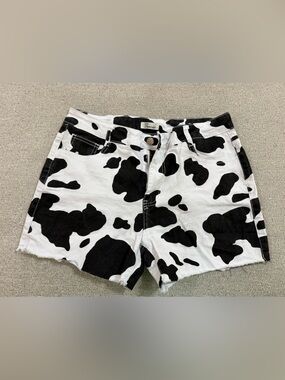 Cow Print High-Waist Denim Shorts - Black & White